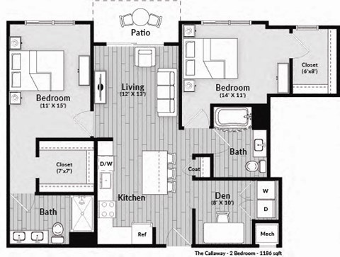Floor plan for 2 beds, 2 baths, 1186 sqft